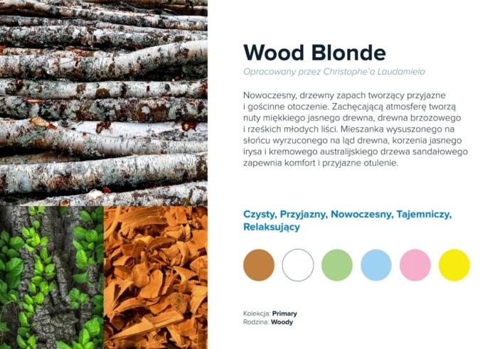 Nuty zapachowe Wood Blonde: cedr, brzoza, cytrusy. Zapach nowoczesny i minimalistyczny.